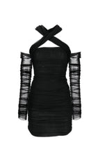 BLACK COLD-SHOULDER RUCHED TULLE MINI DRESS