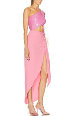 PINK SEQUIN CUT OUT MIDI DRESS