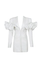 WHITE LONG SLEEVE PUFF DETAIL BLAZER DRESS