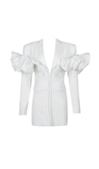 WHITE LONG SLEEVE PUFF DETAIL BLAZER DRESS