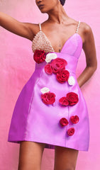 FLORAL EMBELLISHED PEARL STRAP MINI DRESS