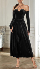 PLEATED VELVET GOWN GLOVES SUIT