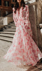 RUFFLED FLORAL-PRINT PLISSÉ-CHIFFON MAXI DRESS