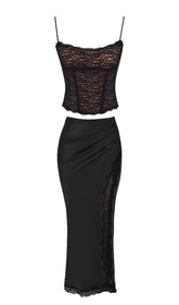 RUBY BLACK SATIN LACE TRIM TWO PIECE MIDI DRESS