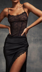 RUBY BLACK SATIN LACE TRIM TWO PIECE MIDI DRESS