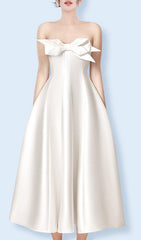 BEIGE FLARED SEMI-HEART NECK TAFFETA MIDI DRESS