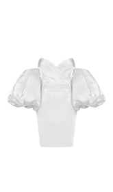 SATIN PUFF SLEEVE MINI DRESS IN WHITE