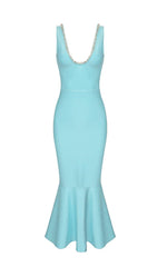 BANDAGE FISHTAIL SLEEVELESS HIGH WAIST MAXI DRESS IN AQUAMARINE