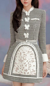 PLAID ROUND NECK LONG SLEEVE BOWKNOT TOPS HIGH WAIST A LINE SKIRTS