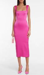 SQUARE-NECK SATIN MIDI DRESS IN ROSE RED