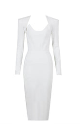 SQUARE SHOULDER CORSET MIDI DRESS IN WHITE