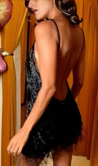 FRINGED SUSPENDER DRESS IN BLACK