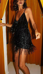 FRINGED SUSPENDER DRESS IN BLACK