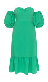 ONE-SHOULDER PUFF-SLEEVED GREEN TUBE TOP RUFFLED MIDI DRESS