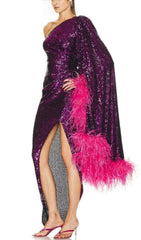 ONE SHOULDER FEATHER SEQUINS LONG SLEEVE SLIT MAXI DRESS