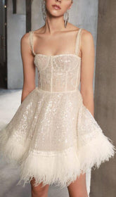 SEQUIN FEATHER SUSPENDER DRESS IN APRICOT