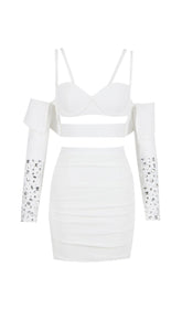 BANDAGE BRIGHT DIAMOND HOLLOW TWO PIECE HALTER WRAP DRESS IN WHITE