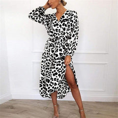 Leopard Dress Loose Long Sleeve Deep V-neck A-line Dress