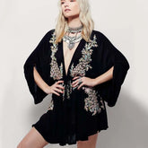 FashionSierra-New Floral Embroidery  Summer  Vintage   Beach  Deep V-neck  Long Sleeve  Party Boho Dress