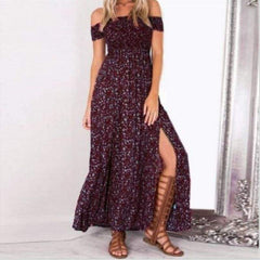 New Fashion Boho Off shoulder High Waist Short Sleeve Maxi Dress Ladeis Summer Floral Beach Casual Long Sundress
