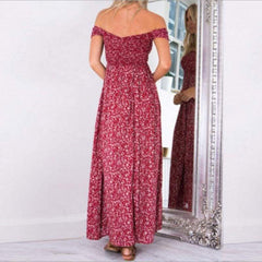 New Fashion Boho Off shoulder High Waist Short Sleeve Maxi Dress Ladeis Summer Floral Beach Casual Long Sundress