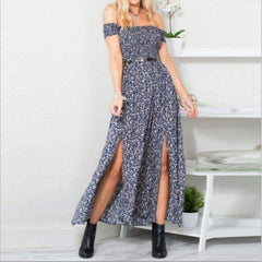 New Fashion Boho Off shoulder High Waist Short Sleeve Maxi Dress Ladeis Summer Floral Beach Casual Long Sundress