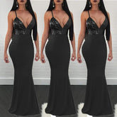 New Formal Prom Long Sequin Dress V-Neck Sleeveless Bodycon SunDress Party Cocktail Long Slim Dress