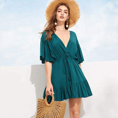 New Green V-neck Frill Mini Short Dress Ladies Short Sleeve Fashion Summer Beach Skater Slim Sundress