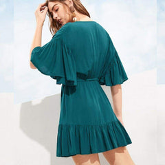 New Green V-neck Frill Mini Short Dress Ladies Short Sleeve Fashion Summer Beach Skater Slim Sundress
