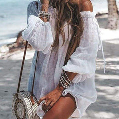 New Ladies Boho Summer Sexy Off Shoulder Mini Short Dress Fashion Sexy Beach Solid Casual Loose Dress Sundress