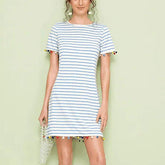 New Short Sleeve Mini T-shirt Dress Summer Ladies Casual Round Neck Striped Tassel Loose Beach Sundress