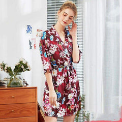 New Silk Satin Floral Half Sleeve V-Neck Summer Short Nightwear Bath Robe Fashion Daily Soft Casual Sleepdress