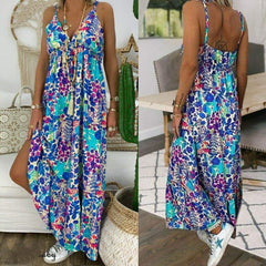 New Summer Beach Strappy V-neck Dress Fashion Ladies Boho Floral Sundress Holiday Beach Sundress Clothes