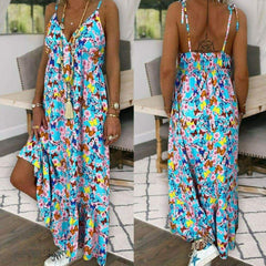 New Summer Beach Strappy V-neck Dress Fashion Ladies Boho Floral Sundress Holiday Beach Sundress Clothes