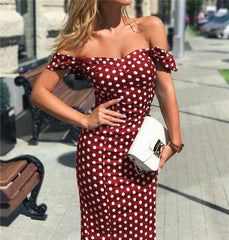 New Summer Boho Polka Dot Dress Ladies Casual Bodycon Off Shoulder Party Evening Beach Pencil Sundress