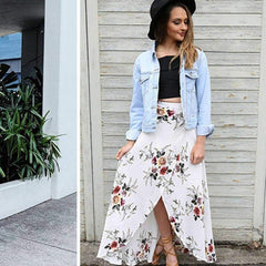 New Summer Hight Waist Maxi Skirt Ladies Fashion Pleated Beach Long Casual Boho Floral Skirt Sundress