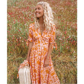 New Sweet Boho Floral Maxi Dress Summer Retro Short Sleeve Draped Bandage Dresses Lady Party Beach Sundress Vestidos