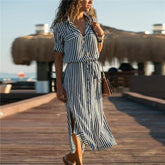 Office Ladies Stripe Shirt Dress Chiffon Casual Long Sleeve Dress