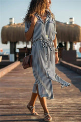 Office Ladies Stripe Shirt Dress Chiffon Casual Long Sleeve Dress