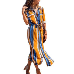Office Ladies Stripe Shirt Dress Chiffon Casual Long Sleeve Dress