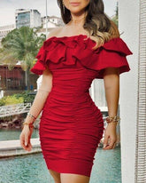 Off Shoulder Ruched Layered Ruffles Bodycon Dress