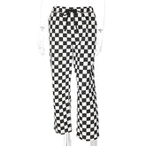 Plaid Zipper Checkered Straight Pants Elastic Casual Slim Pockets Long Pants Black White Pencil Pantalon Femme