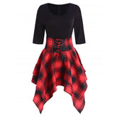 Womens Dresses Punk Gothic Plaid Patchwork Lace Up Dress Short Sleeve Irregular Dress