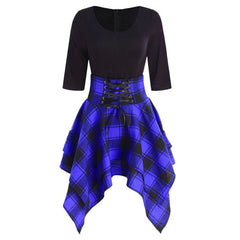 Womens Dresses Punk Gothic Plaid Patchwork Lace Up Dress Short Sleeve Irregular Dress