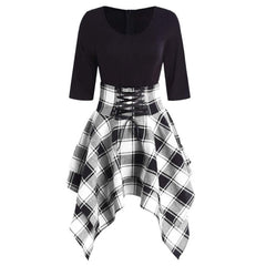 Womens Dresses Punk Gothic Plaid Patchwork Lace Up Dress Short Sleeve Irregular Dress