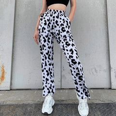 Fashion WomenCasual Cow Printed Harajuku Elastic High Waist Wide Leg Long Pants Trousers Streetwear