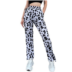 Fashion WomenCasual Cow Printed Harajuku Elastic High Waist Wide Leg Long Pants Trousers Streetwear