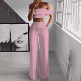 Summer Style 2Pcs Off Shoulder Crop Top Straight Pants Set for Outfit Yellow White Pink Black Two Piece Set Suit