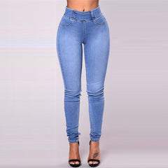 Women`s High Waist Basic Casual Fashion Stretch Skinny Denim Jean Trousers For Plain Elastic Waist Tight pencil pants