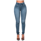 Women`s High Waist Basic Casual Fashion Stretch Skinny Denim Jean Trousers For Plain Elastic Waist Tight pencil pants